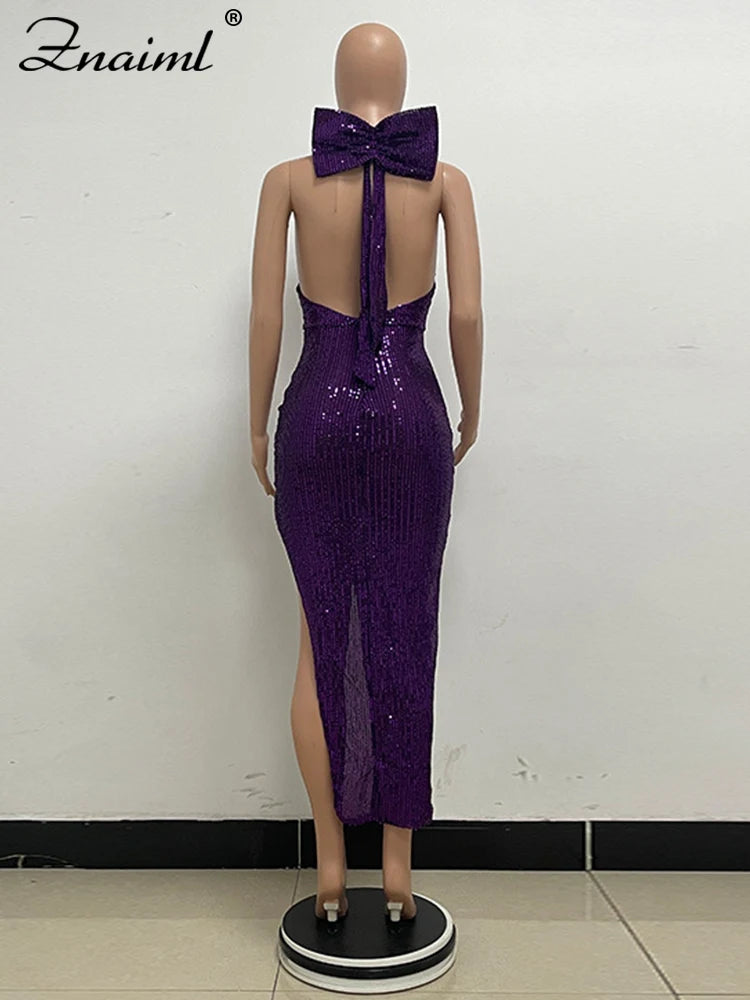 Znaiml Elegant Luxury Sequin Halter Big Bow Backless Long Dresses Women Sleeveless High Split Birthday Evening Wedding Vestidos