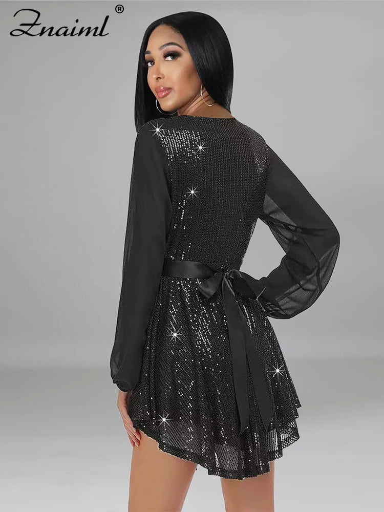 Znaiml Luxury Black Sequin Mesh Patchwork Long Sleeve V-Neck Loose Short Dress Elegant Birthday Party Women Clothing Clubwear