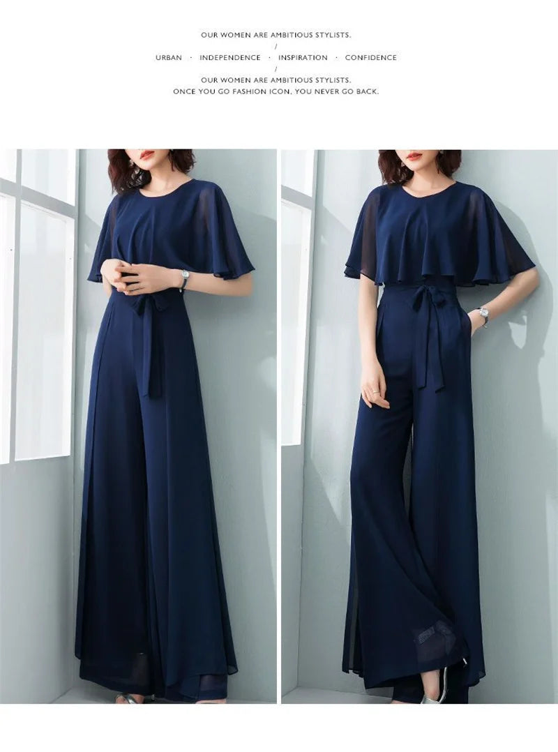 Lotus Leaf Sleeve Jumpsuit Women's Summer Long 2023 New Chiffon Jumpsuit Wide Leg Set Temperament Jumpsuit Female Bodysuit Blue