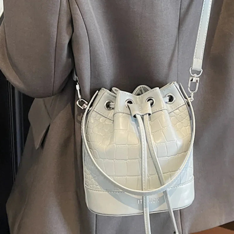 2025 New Trendy Women's Drawstring Tote Bag - Vintage Stone Texture Crossbody Satchel with Retro Minimalist Design