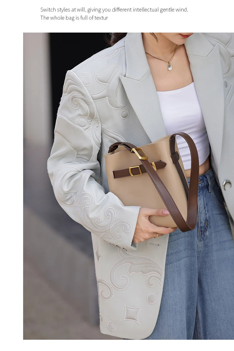 Cow Split Leather Bucket Bag Women Vintage messenger High Quality Simple Handbag Lady Shoulder Bag Luxury Female Crossbody Bags