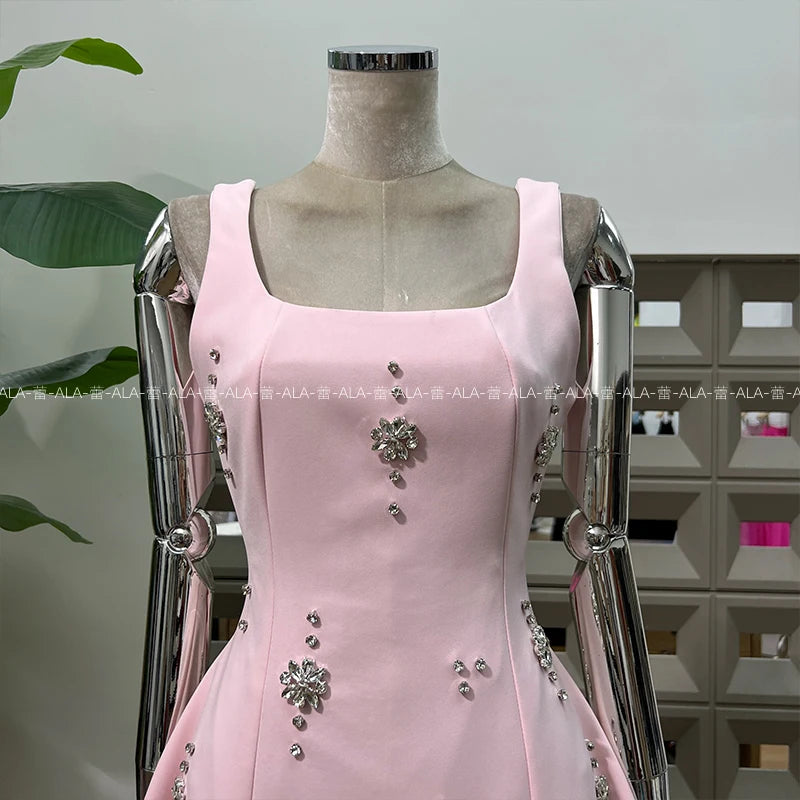 High-end Light Luxury Party Dress 2025 Summer Clothes New Heavy Industry Diamond Square Collar Waist Halter Bow Short Dress