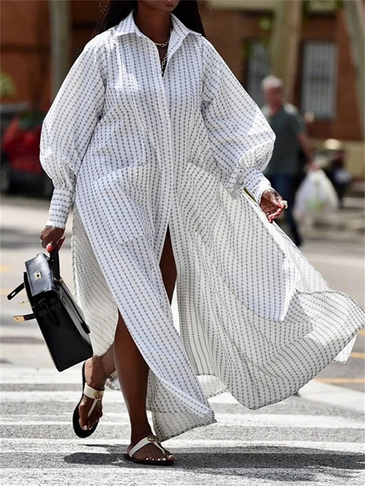 White Dress Women 2024 Summer Autumn Long Sleeves Buttoned Split-Side Striped Lapel Casual Women's Long Maxi Dresses