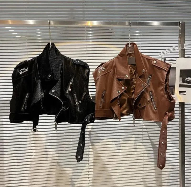 Autumn Faux Leather Vest With Back Letter Embroidered for Women