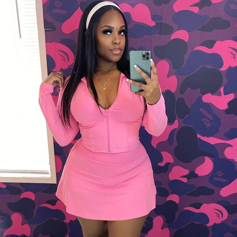 FAGADOER Sexy Sporty 2 Pieces Set for Woman Zipper Long Sleeve Jacket Tops + Pleated Skirts Tracksuits Female Streetwear 2025