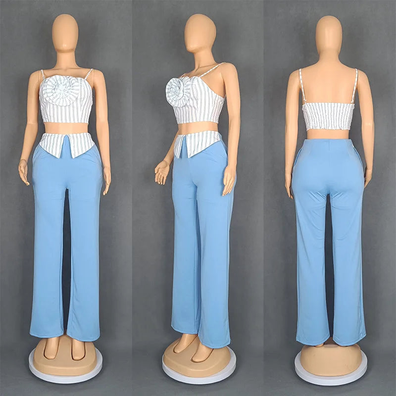 CM.YAYA Fashion Women's Set Striped Strap Floral Applique Crop Top and Wide Leg Pants Suit 2025 Two 2Piece Sets Outfit Tracksuit