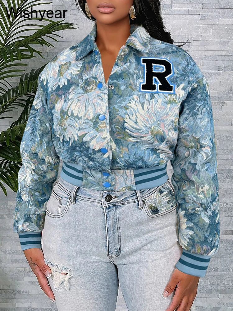 Vintage Print Button Up Baseball Jacket for Women
