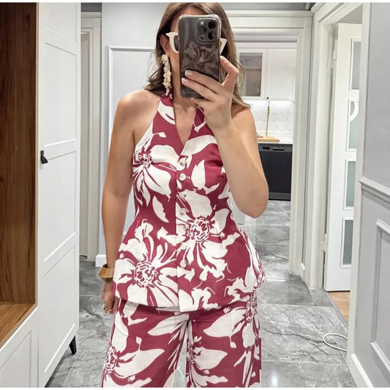 Halter Print Top Pants Set Women Backless Crop Tops Wide Leg Baggy Pants Two Pieces Set Chic Vacation Casual Women Outfit