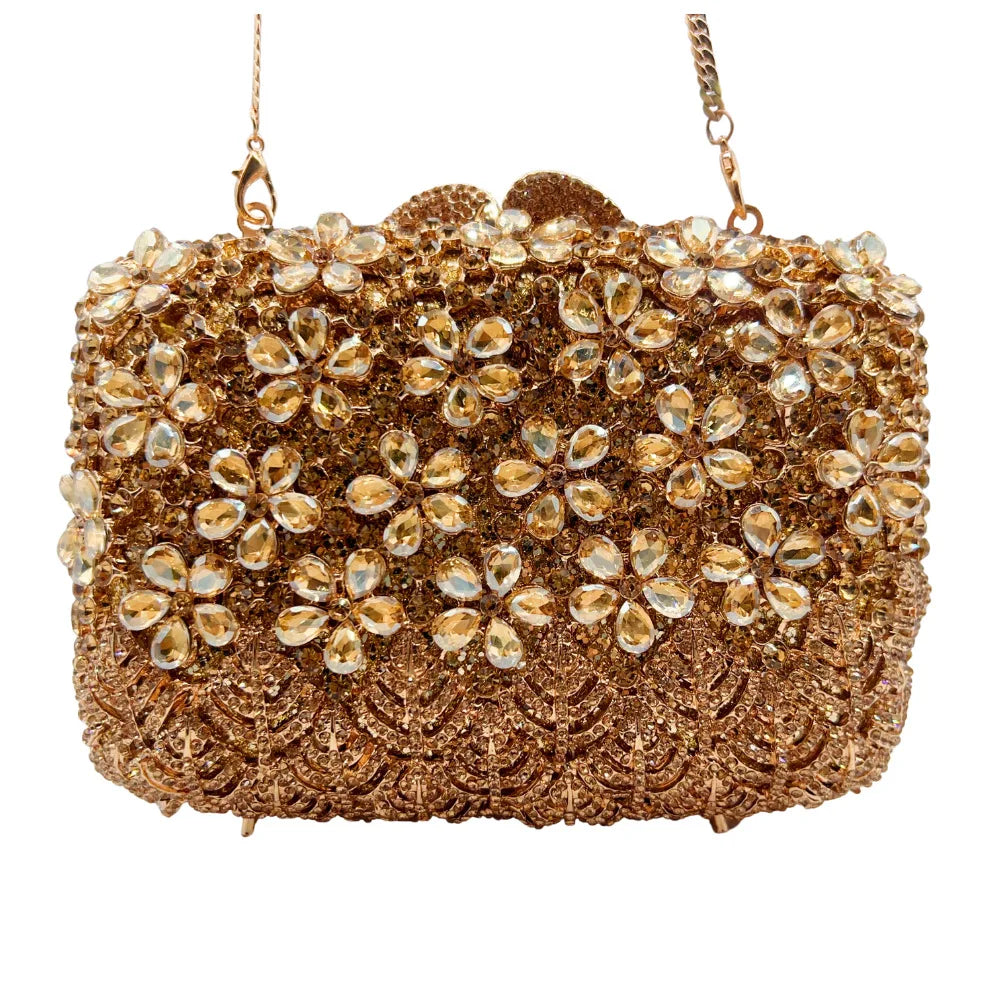 XIYUAN Hot-selling Luxury Carved Lilac Flower Clutch Purse Full Diamond Evening Bag Women Wedding Bridal Handbag Party Purses