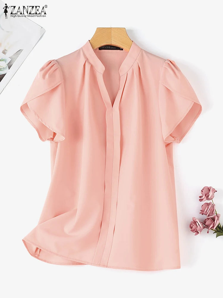 ZANZEA Formal Office V-neck Blusas Women Chiffon Blouses Elegant Ruffles Short Sleeve Tops 2024 Summer Solid Pleating Shirts