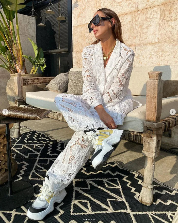CM.YAYA Vintage Women Lace See Though Long Sleeve Blazer Suit and Wide Leg Straight Pants Set 2023 Two 2 Piece Set Outfits