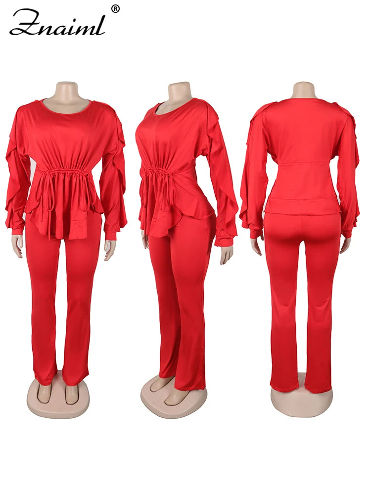 Znaaiml Elegant Blue 2 Piece Pants Sets Women Lantern Sleeve Drawstring Ruched Ruffles Top and Trousers Casual Street OL Outfits