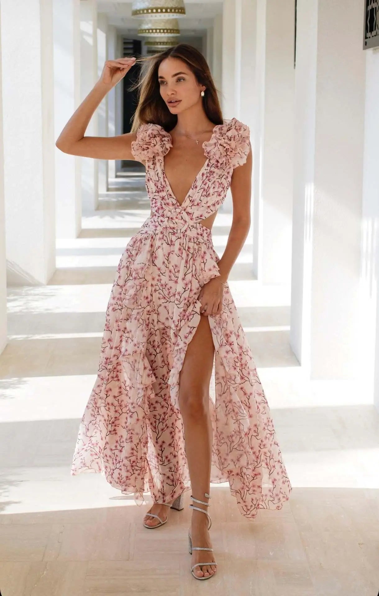 Summer Spring Women's Clothing Dress Hollow Out Slim Deep V Ruffle Edge Floral Backless Dress Loose Maxi