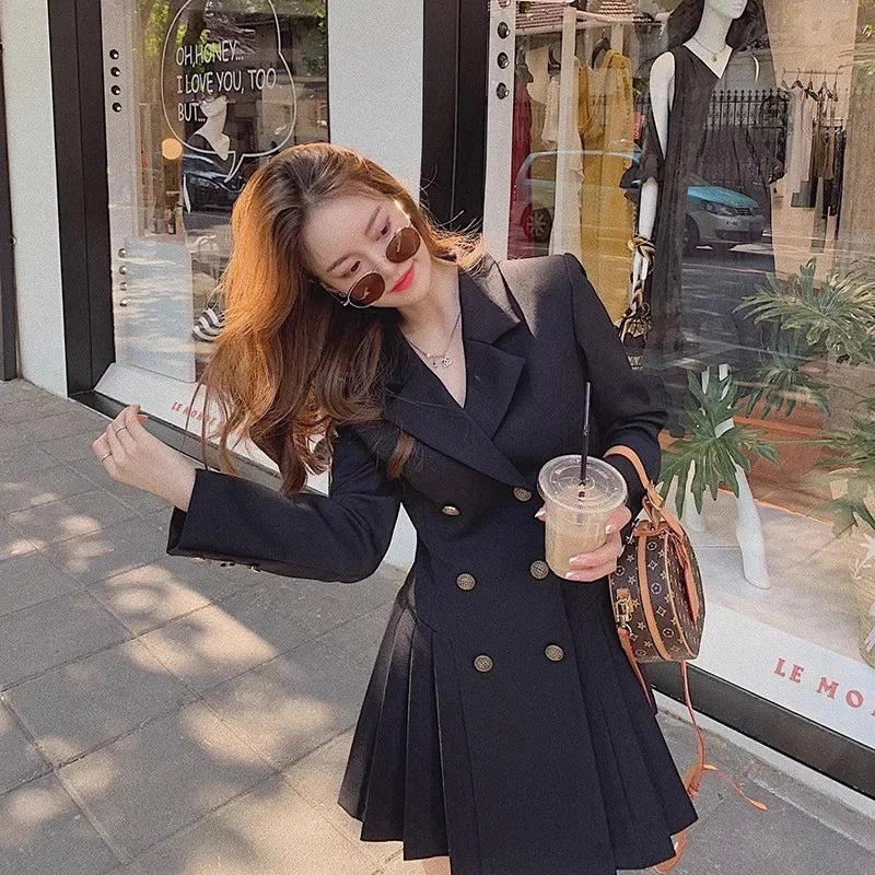 Elegant Double-Breasted Suit Dress Skirt Style Polyester Fiber Full Sleeve Regular Neckline Empire Waist Midi Length Dress