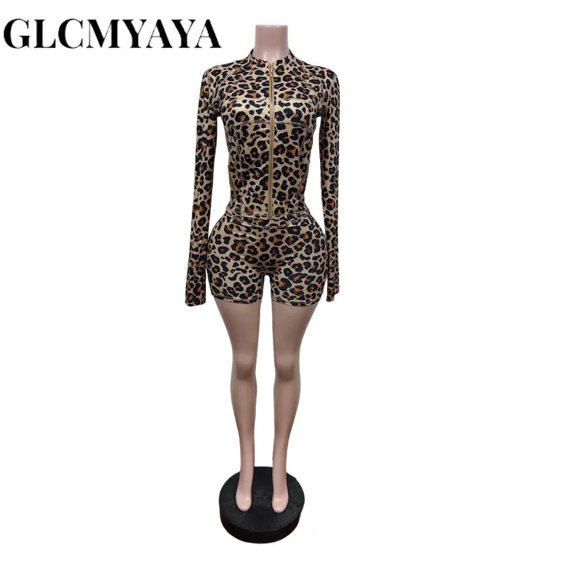 GLCMYAYA Sporty Leopard Printed Women's Set Long Sleeve Tee Tops and Shorts 2025 Fitness Tracksuit Two 2 Piece Set Outfits