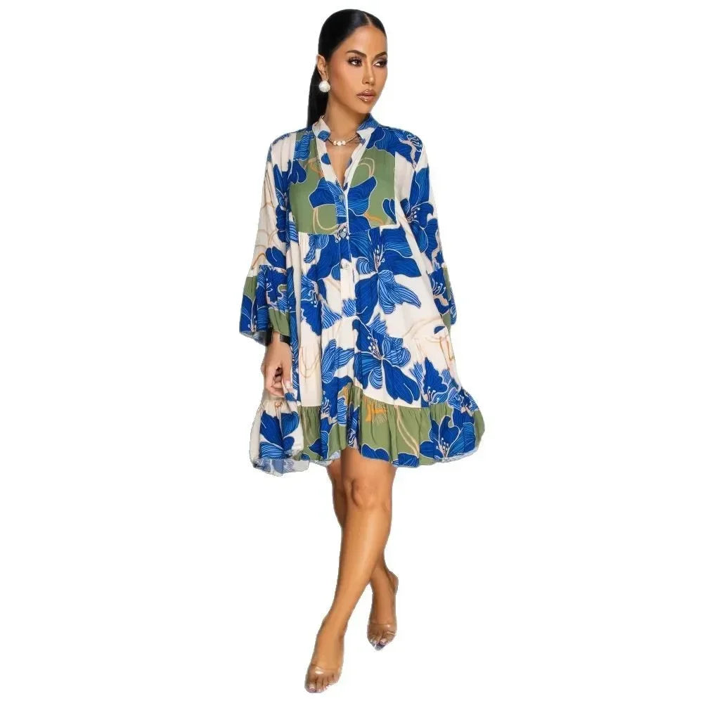Dashiki African Dresses for Women Summer Elegant African Long Sleeve V-neck Printing Party Evening Dress Outfits Ankara Dresses