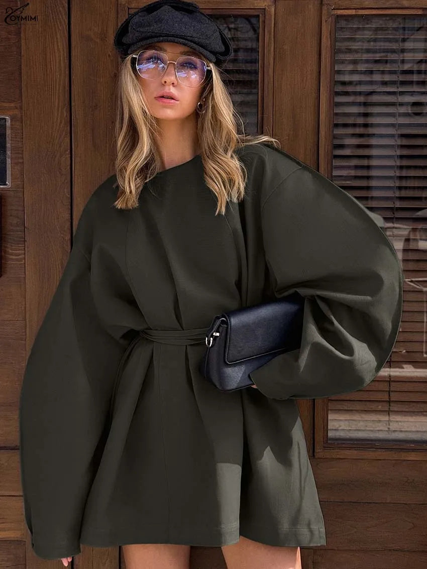 Oymimi Fashion Olive Drab Cotton Womens Dresses Casual Loose O-Neck Long Sleeve Dresses Elegant Lace-Up Mini Dress Streetwear