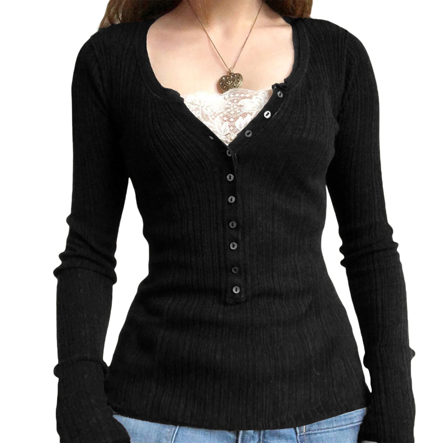 Button Front Lace Patchwork Slim Fit Knit Top for Women
