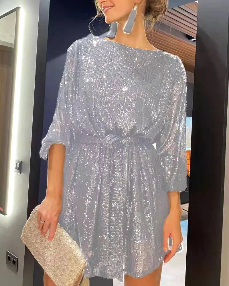 Sparkly Puff Long Sleeve Party Dress with Belt for Women Glitter Beaded Mini Dress Loose Wedding Bridesmaid Ladies Short Dresses
