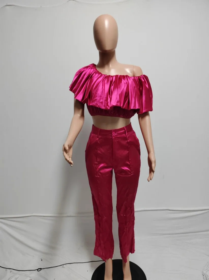 CM.YAYA Fashion Satin Women's Set Butterfly Sleeve Crop Top and Wide Leg Pants Suit 2024 Party Club Even Two 2 Piece Sets Outfit