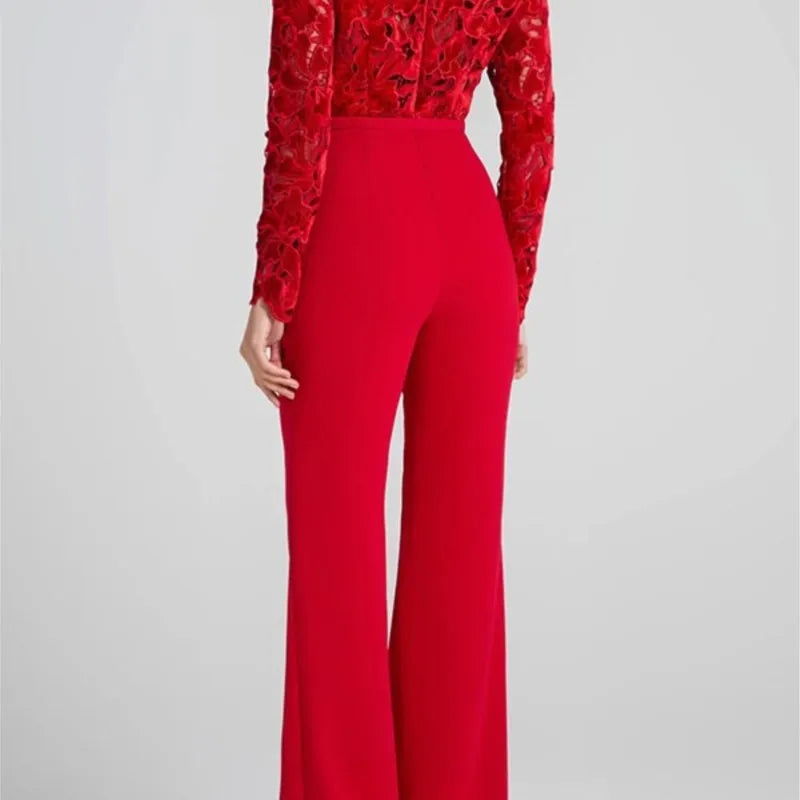 Embroidery Lace Red Jumpsuits Women Sexy Slim Long-sleeved Belt High Waist Jumpsuit Female 2025 Casual Lady Party Rompers