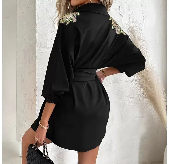 FashionDress Women Sexy New 2024 Autumn Winter Casual Sequin Wings Pattern Turn-Down Collar Tied Detail Elegant Shirt Dresses