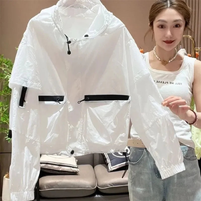Spring and Autumn Lightweight Sunscreen Clothes for Women's Outdoor Wear 2025 White Hooded Loose Casual Summer Jacket Pink Orang