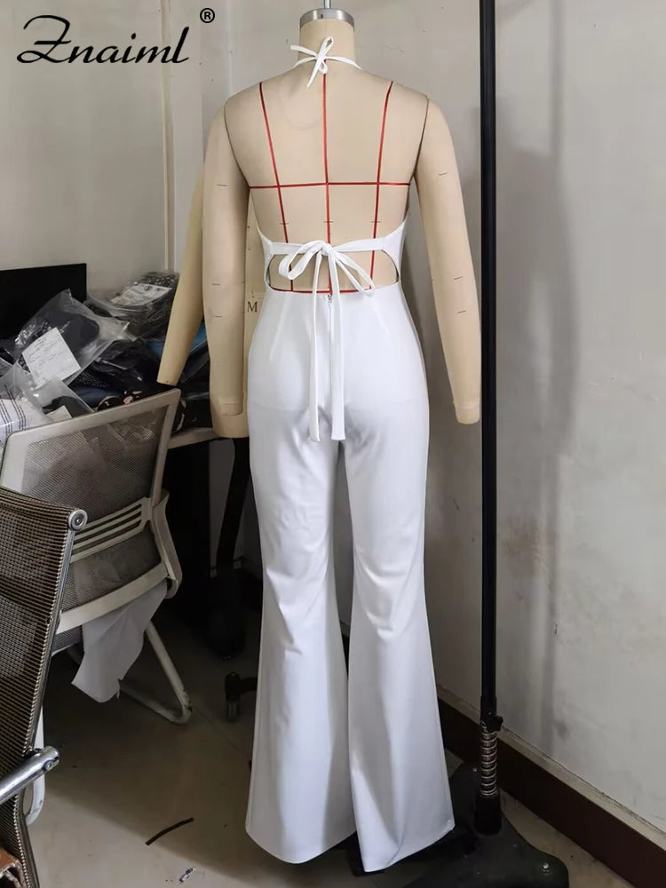 Znaiml Elegant Long Jumpsuits for Women Summer Sleeveless Halter Lace Up Backless Bandage Wide Leg Pants Rompers One Pieces 2025