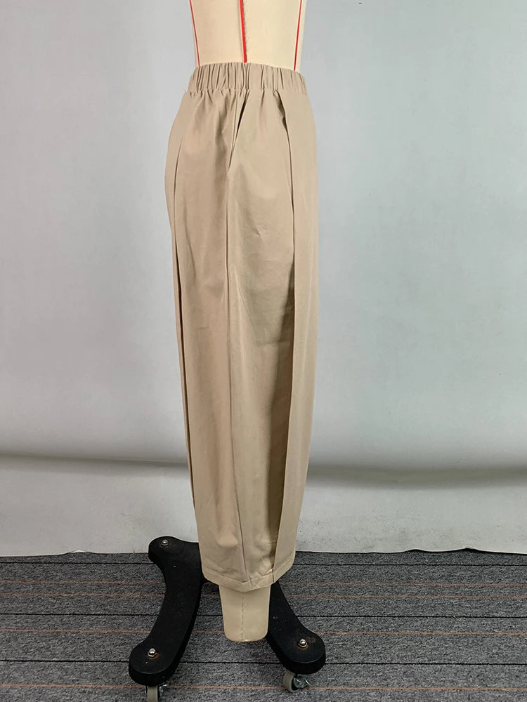 Beautyblue Women's Cropped Pants Khaki Wide-leg Pants 2025 Summer Loose Folds Pocket Elastic Waist Casual Sports Trousers Female