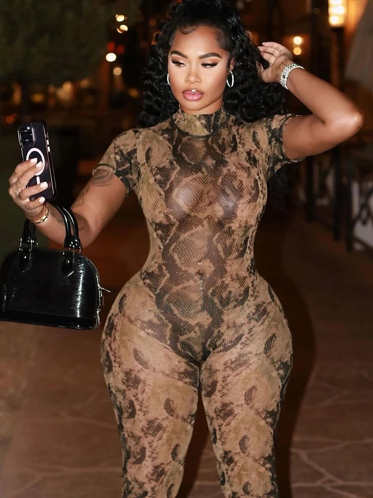 Weird Puss Serpentine Jumpsuit Women See Through Backless Short Sleeve Sexy Fit Summer Workout Overalls Stretch Button Clubwear