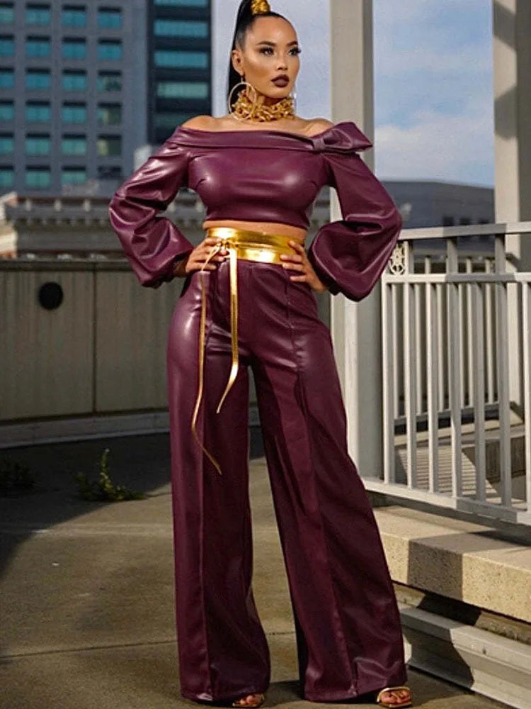 PU Faux Leather Two Piece Set for Women Y2K Clothing Slash Neck Crop Top and Wide Leg Pants Matching Sets Night Club Outfits