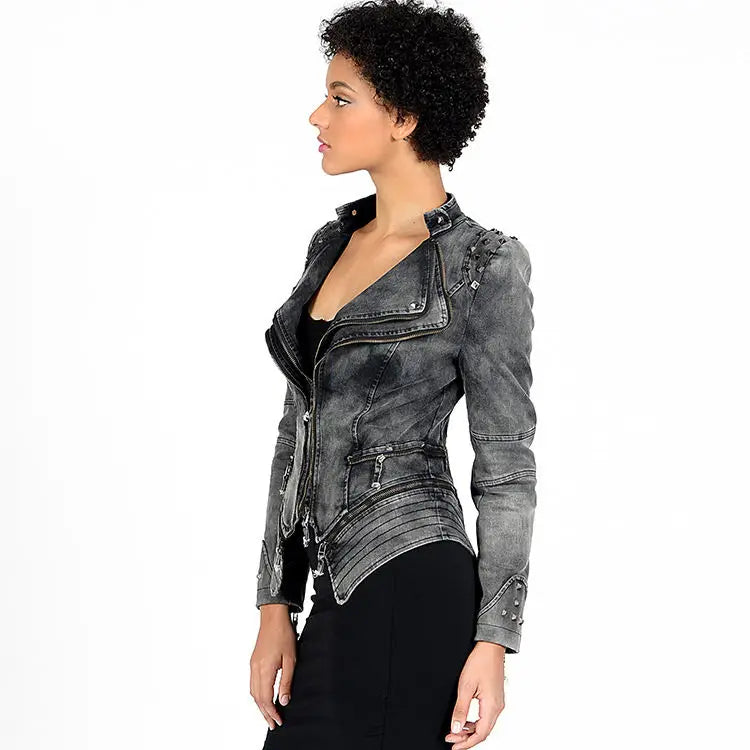 Women's Jacket, Denim Coat, Slim Fit, Shoulder Shrugs, Rivet Zipper Splicing