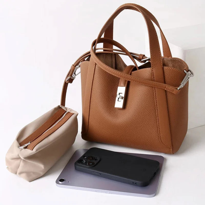 Brand Genuine Leather Basket Bag Women Luxury Fashion Simple Texture Tote Bag New Versatile High-end Shoulder Bag Messenger Bag