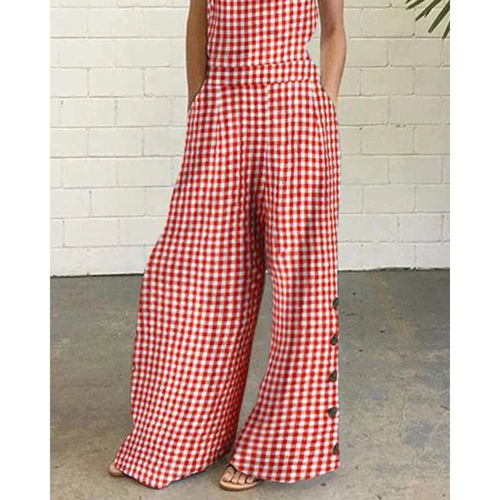 Women All Over Plaid Print Suspender Jumpsuit Summer Buttoned Wide Leg Elegant Jumpsuit Casual One Piece Party Overalls Clothing