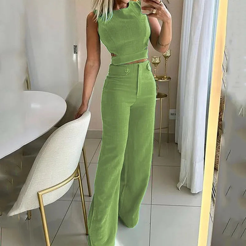 Two Piece Sets Women Splice Tops Sleeveless Button Pants Set Slim Fit Casual Straight Trousers Solid Office Lady Spring