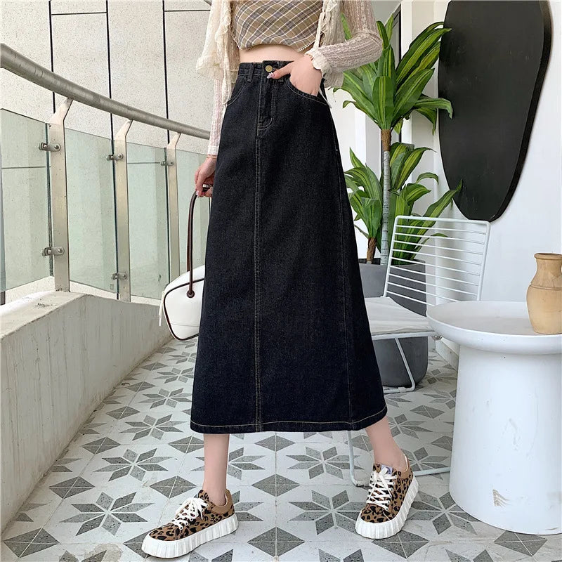 New 2022 Spring-Autumn Medium-Length Denim Skirt For Women High-Waisted Slimming Plus Size Curvy Girls A- Line Hip Covering Skir