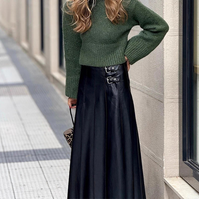 PU High Waist Pleated Women's Long Skirt Fashion Temperament Black Commuting Skirt New 2025 Street Decoration Autumn Half Skirt