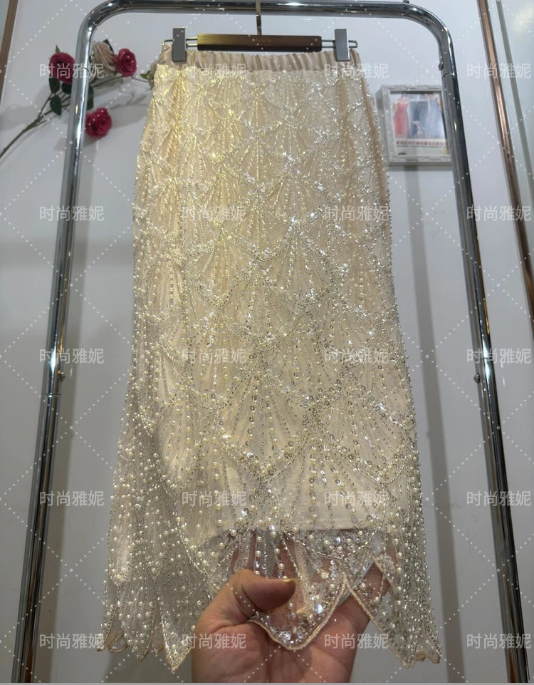 Fashion New Fashion Long-sleeved Sequined Pearl Bead Cardigan Women's Top High-waisted Skirt 2-piece 2025 Spring New Skirt Sets