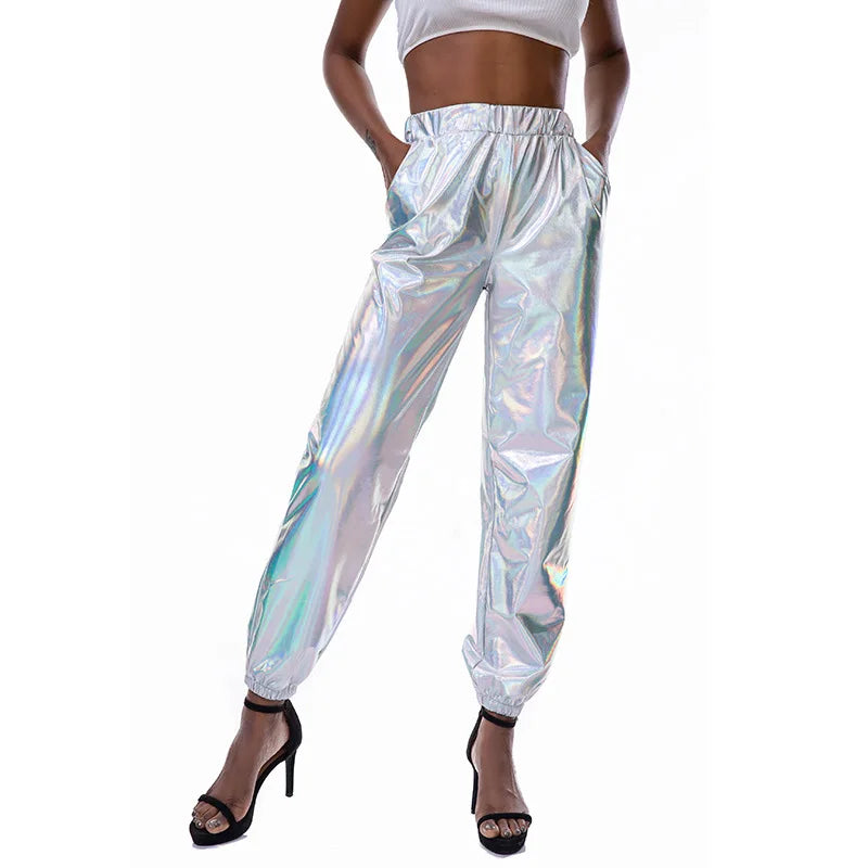 Shiny Glittery Street Hip-hop Party Sparkly Long Pants Loose Casual Sports Trousers Green Gold Silver Black Optional for Women