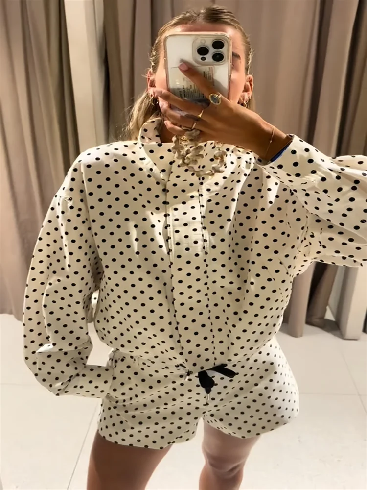 Loose Polka Dot Zipper Women's Shorts Set Stand Collar Patchwork Full Sleeve Pockets Jacket Tie Up Short Pant Suit Summer Outfit