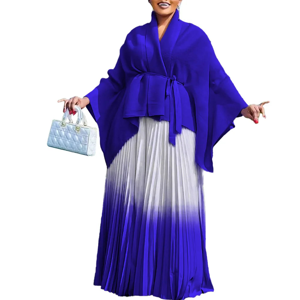 CM.YAYA Gradient Women's Set Full Sleeve Belt Blouse Shirt +Pleated Long Skirts Suit Street Two 2 Piece Set Outfit Tracksuit