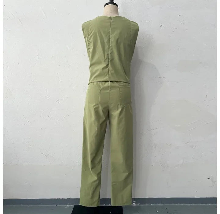 Fashion Women's Two Piece Set New Solid Round Neck Sleeveless Top and High Waist Pants Suit for Female Streetwear 2024 Summer