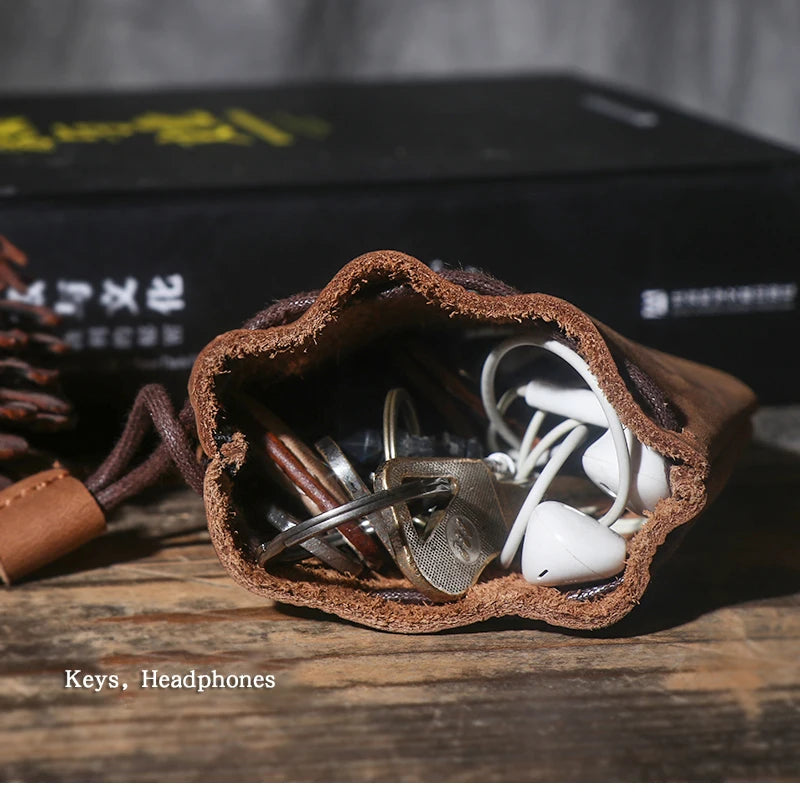 LUOKIR Men's Genuine Leather Coin Purse Simple Vintage Small Card Bag Women's Cowhide Wallet Keys Money Drawstring Storage Bags