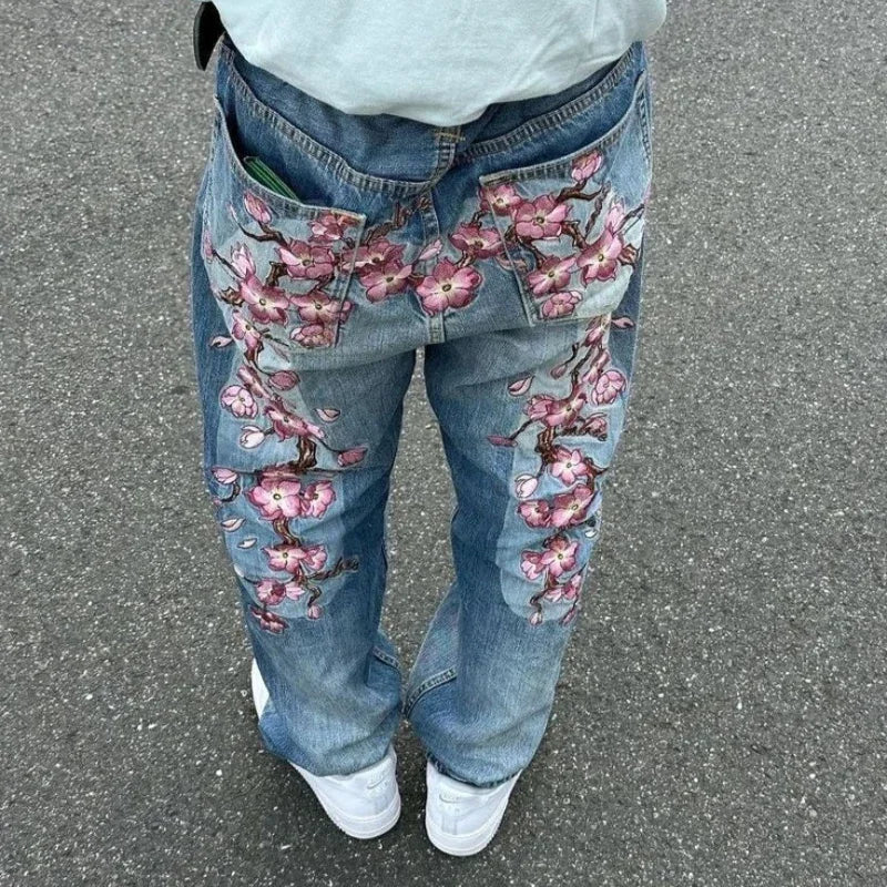 Vintage Cherry Blossom Embroidery Baggy Jeans Women Y2k Harajuku Hip Hop Casual 2000s Wide Trousers American Gothic Streetwear
