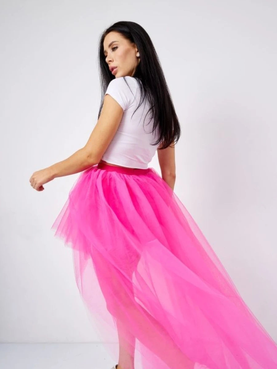 MisShow Hi-Lo Tulle Petticoat Women's Long Four Layer Puffy Skirt Fuchsia Tutu Skirts Adult Junpon Goth For Party Cocktail