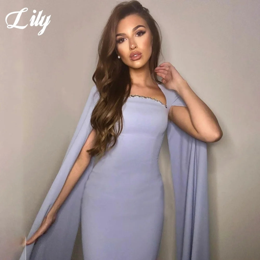 Lily Simple Blue Prom Dress with Beading Mermaid Sxey Party Dresses Sleeve with Cape Layered Mermaid Evening Dress Customized