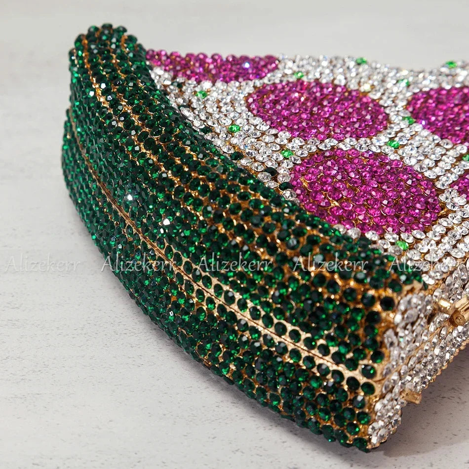 Alizekerr Pizza Shaped Diamond Evening Clutch Bags 2024 New Gorgeous Unique Metallic Watermelon Rhinestone Purses Wedding Party