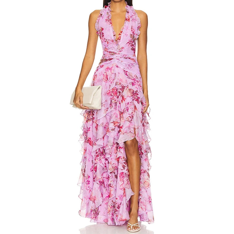 Lady Sexy Halter Floral Print Long Dress 2025 Summer Ruffles Hollow Out Slim Party Dress Fashion Sleeveless High Waist Dresses