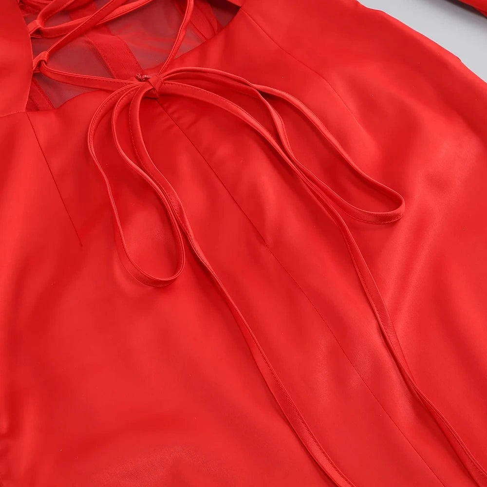Sexy Women Red Hollow Open Back Lace-up Slim Dress Pleated High Split V-Neck Long Dress Elegant Evening Club Gown Party Dress