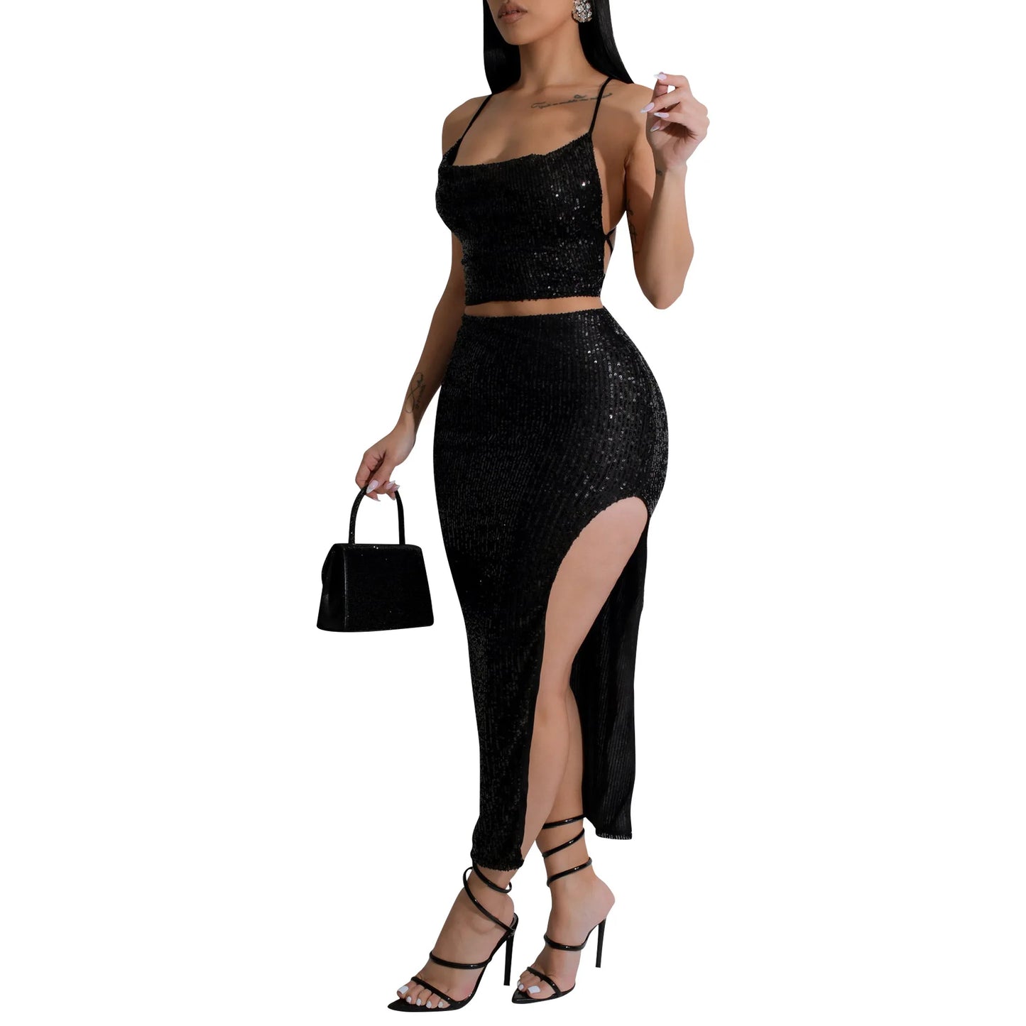 CM.YAYA Women Strapless Sleeveless Sequined Top + Long Skirt Suit 2025 Street Sexy Party Matching Two 2 Piece Dress Sets Outfit